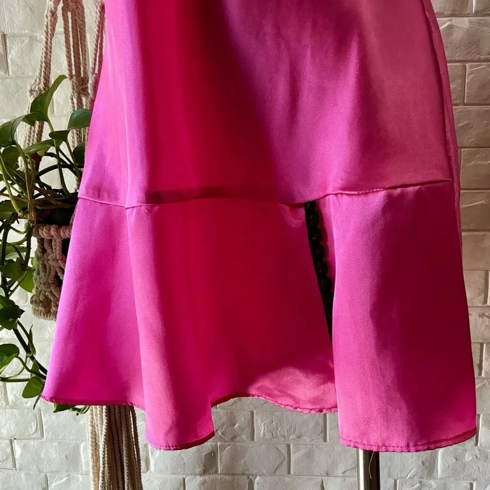 Vintage Linea Donatella Hot Pink Black Lace Satin Mini Slip Dress - Picture 9 of 11